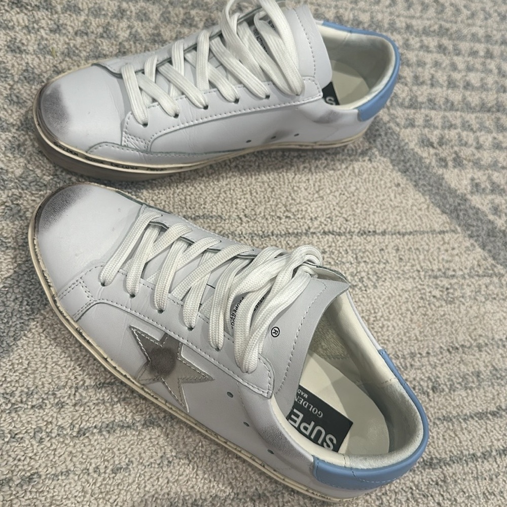 Designer inspired sneakers light blue, star pattern size 39